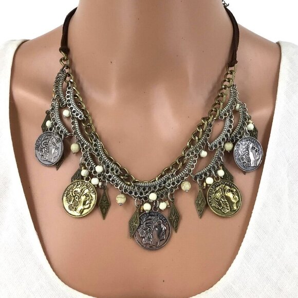 Roman Coin Fringe Necklace Statement Silver Gold Tone Brown Leather - Picture 1 of 2